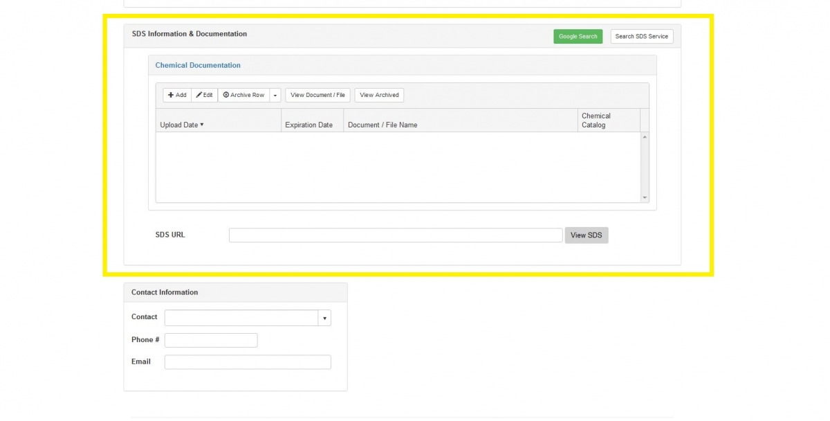 In "SDS Information & Documentation", upload the SDS form of your new chemical (you can request a pdf file from your vendor; a copy of it should be in your shipment box too).