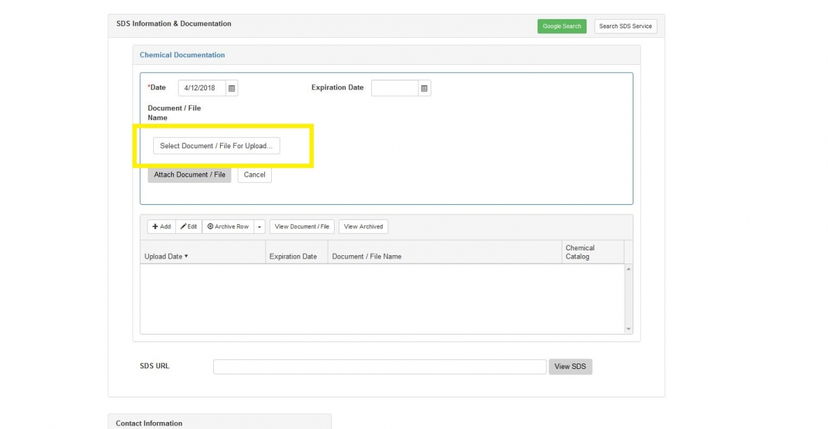 In "SDS Information & Documentation", upload the SDS form of your new chemical (you can request a pdf file from your vendor; a copy of it should be in your shipment box too).