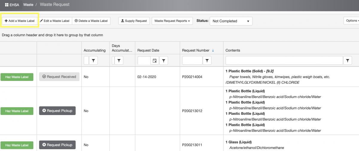 Click on "+Add a Waste Label" icon (left top corner), a new screen will pop out